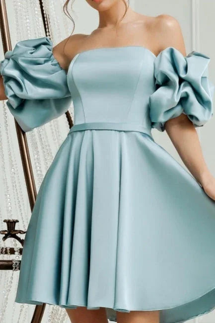 Hübsches kurzes A-Linien blaues Satin-Homecoming-Kleid mit Schulterfrei