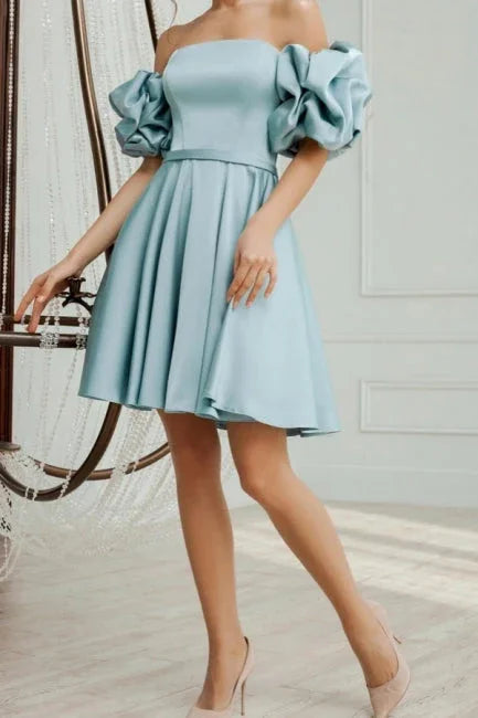 Encantadores Vestidos Cortos de Satén Azul para el Baile de Regreso a Casa, en Línea A y sin Mangas