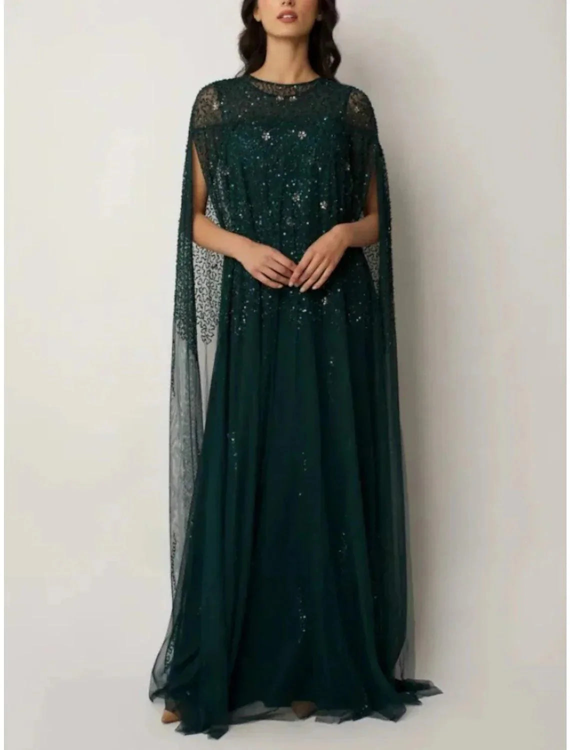 Vestido tubinho/coluna para mãe da noiva, convidada de casamento, elegante, decote em joia, cauda longa/escova, chiffon elástico, manga curta com lantejoulas, franzido, cor sólida