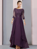 Etuikleid/Säulenkleid für die Brautmutter, formelle Party, elegant, U-Ausschnitt, asymmetrisch, Chiffon, Spitze, 3/4-Ärmel mit Falten, Pailletten
