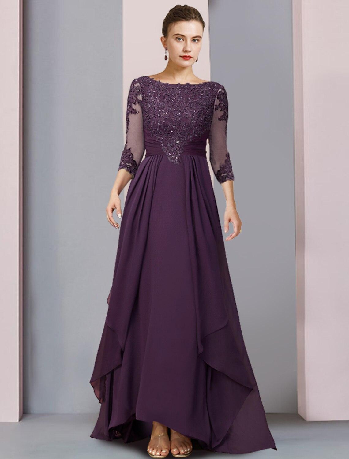Vestido de mãe da noiva com bainha/coluna, festa formal, elegante, decote redondo, assimétrico, chiffon, renda, manga 3/4, com pregas, lantejoulas