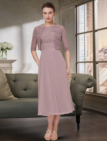 Zweiteiliges Kleid für die Mutter der Braut, Hochzeitsgast, elegant, mit Rundhalsausschnitt, knielang, Chiffon, Spitze, halbe Ärmel, einfarbig
