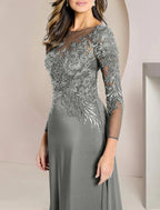 Vestido tubinho/coluna para mãe da noiva, convidado formal de casamento, elegante, decote redondo, comprimento até ao chão, chiffon, renda, manga comprida com aplicações de missangas