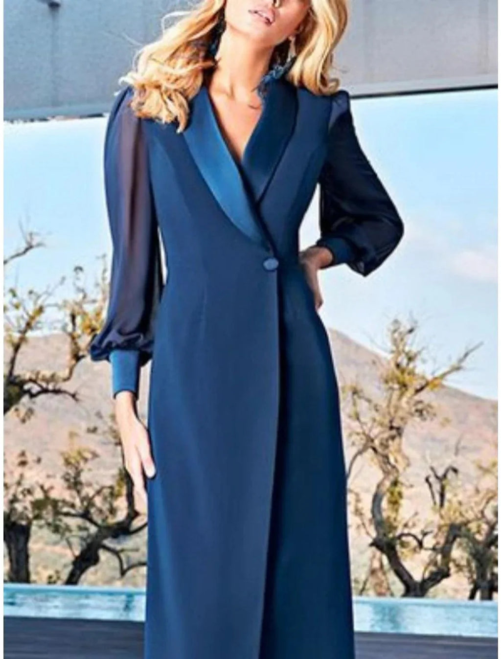 Etuikleid/Säulenkleid für die Brautmutter, Hochzeitsgast, Party, schlicht, elegant, V-Ausschnitt, knöchellang, Chiffon, lange Ärmel, einfarbig