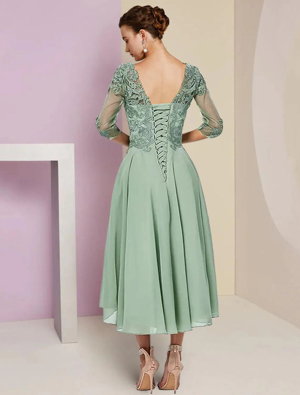 Vestido de mãe da noiva em duas peças, corte A, formal, para convidada de casamento, elegante, decote redondo, assimétrico, comprimento chá, chiffon, renda, meia manga, com aplicações de missangas