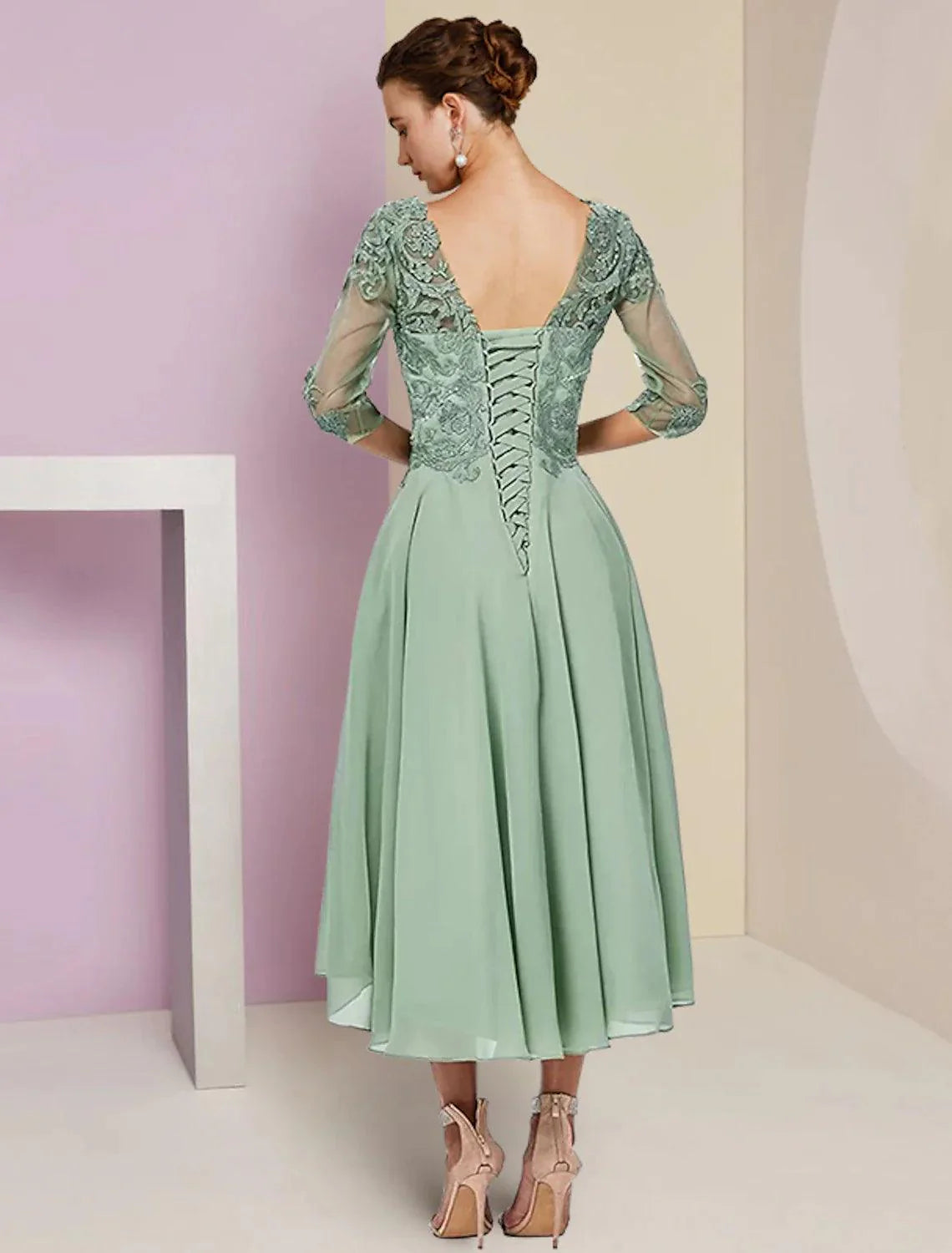 Vestido de mãe da noiva em duas peças, corte A, formal, para convidada de casamento, elegante, decote redondo, assimétrico, comprimento chá, chiffon, renda, meia manga, com aplicações de missangas