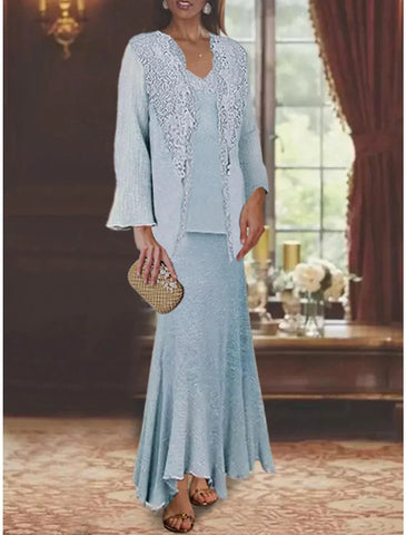 Meerjungfrau/Trompete, 3-teiliges Kleid für die Mutter der Braut, formeller Hochzeitsgast, elegant, V-Ausschnitt, asymmetrisch, knöchellang, Leinen-/Baumwollmischung, ärmellos, Wickelkleid inklusive Applikationen