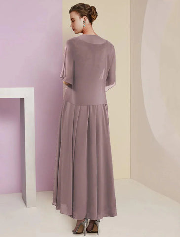 Zweiteiliges A-Linien-Kleid für die Mutter der Braut, formelle Herbsthochzeitsgäste, eleganter V-Ausschnitt, knielang, Spitze, kurze Ärmel, Wickelkleid inklusive Faltenapplikationen