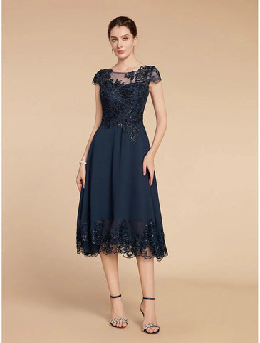 Elegantes Vintage-Kleid für formelle Hochzeitsgäste mit U-Ausschnitt, knielang, Spitze, 3/4-Ärmel und Paillettenapplikationen, Mutter der Braut