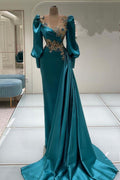 Robes de bal sirène en satin à manches longues et ornements précieux