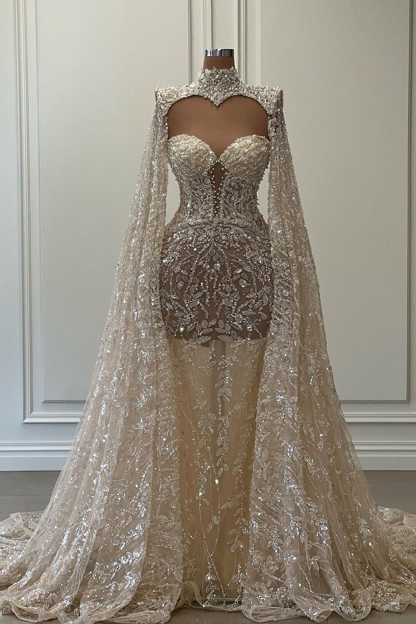 Luxuriöses langes Meerjungfrau-Hochhalter-Glitzer-Spitzen-Abschlussballkleid mit Ärmeln