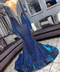 Robe de bal luxueuse longue sirène encolure transparente paillettes avec manches