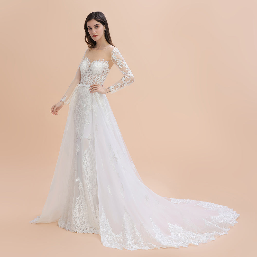 Vestidos de Noiva Mermaid de Luxo em Renda com Missangas e Aplicações em Tule para Noivas com Comboio Amovível