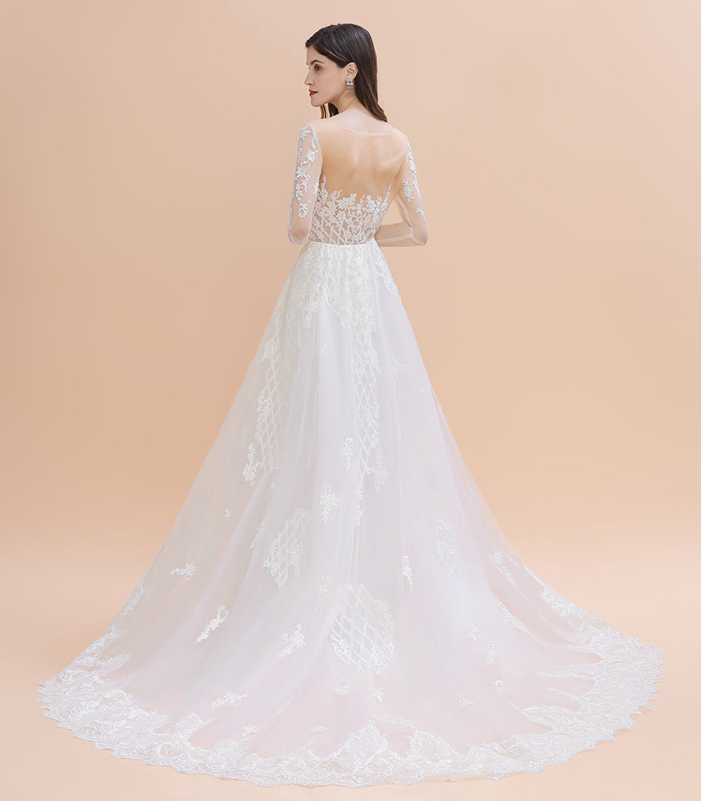 Vestidos de Noiva Mermaid de Luxo em Renda com Missangas e Aplicações em Tule para Noivas com Comboio Amovível