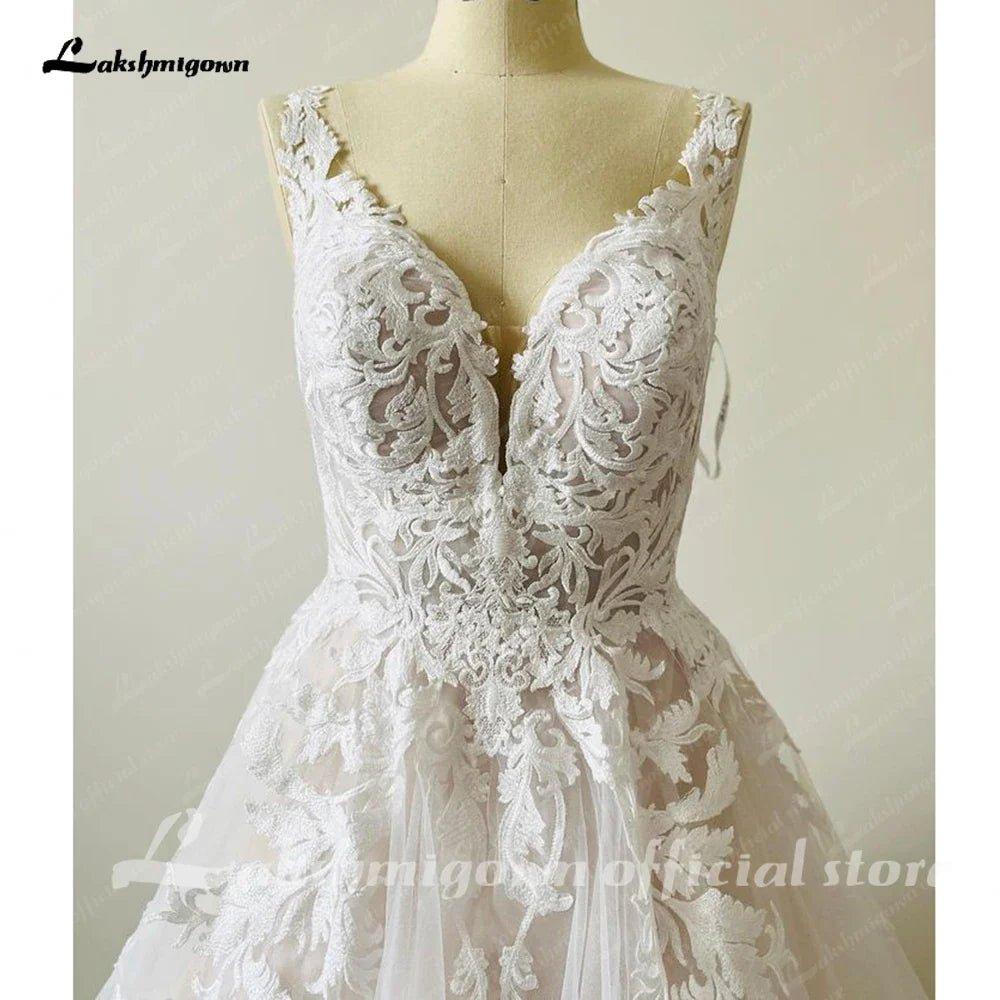 Luxury Blush Pink Lace Wedding Dresses For Church 2025 Open Back Sexy Bridal Boho A Line Wedding Dresses Long Train NumberSea