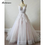 Luxury Blush Pink Lace Wedding Dresses For Church 2025 Open Back Sexy Bridal Boho A Line Wedding Dresses Long Train NumberSea