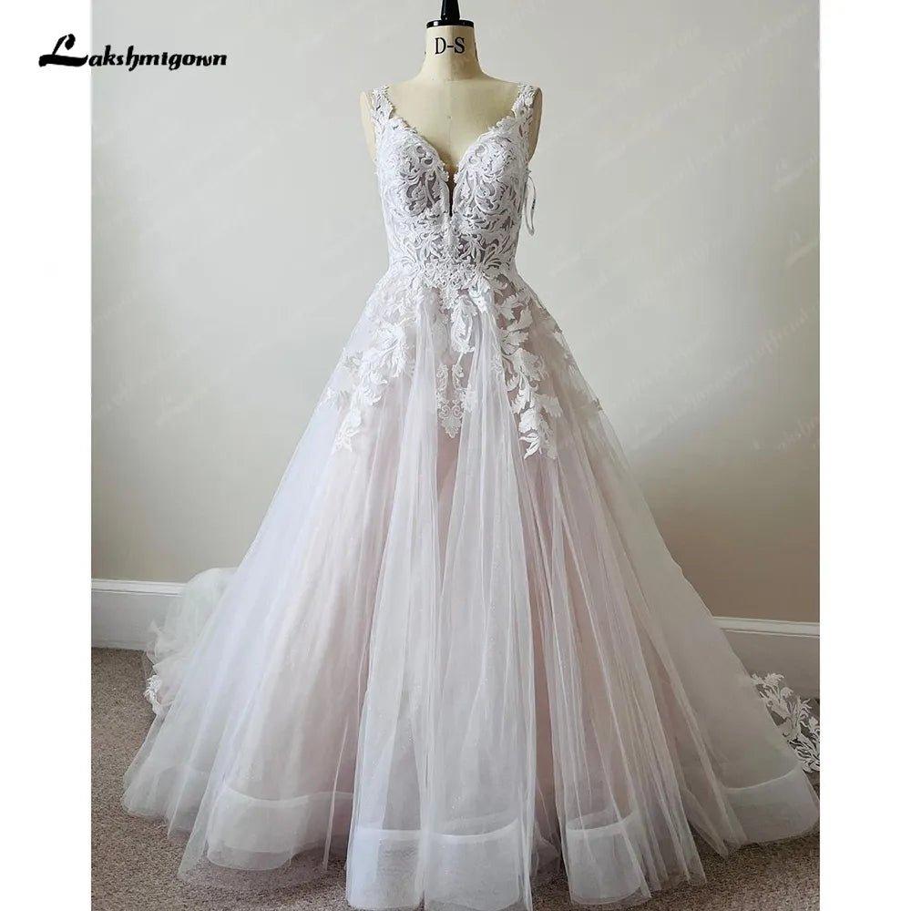 Luxury Blush Pink Lace Wedding Dresses For Church 2025 Open Back Sexy Bridal Boho A Line Wedding Dresses Long Train NumberSea