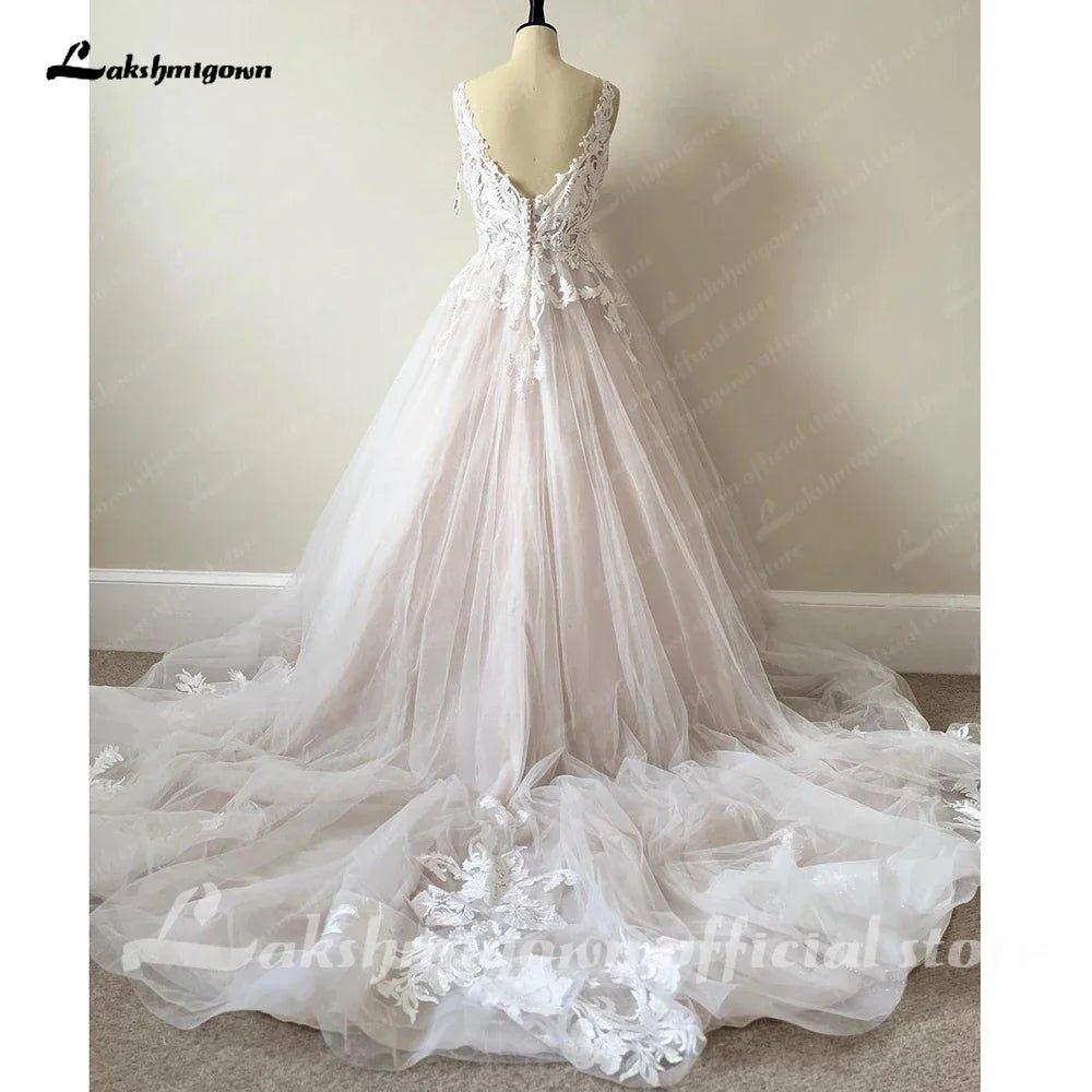 Luxury Blush Pink Lace Wedding Dresses For Church 2025 Open Back Sexy Bridal Boho A Line Wedding Dresses Long Train NumberSea