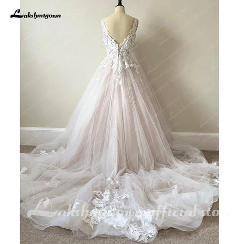 Lusso Rosa Pallido Pizzo Abiti da Sposa per Chiesa 2025 Schienale Aperto Sexy da Sposa Boho A Line Abiti da Sposa Lungo Strascico NumberSea