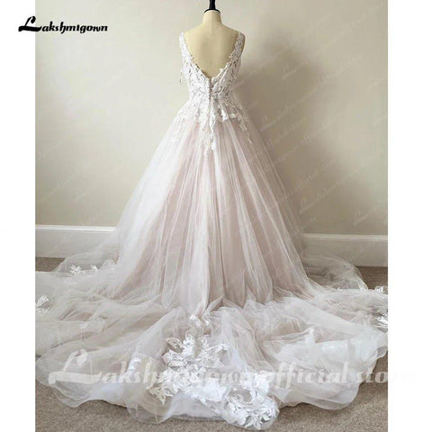 Luxus Erröten Rosa Spitze Brautkleider Für Die Kirche 2025 Open Back Sexy Braut Boho A Linie Brautkleider Lange Schleppe NumberSea 