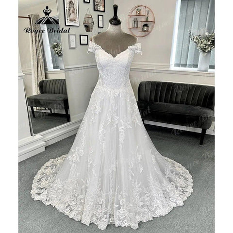 Luxus Volle Spitze V-ausschnitt Off Schulter Frauen Hochzeit Kleid mit Kurzen Flügelärmeln 2024 Hochzeits Brautkleid Vestidos de Boda sexy 