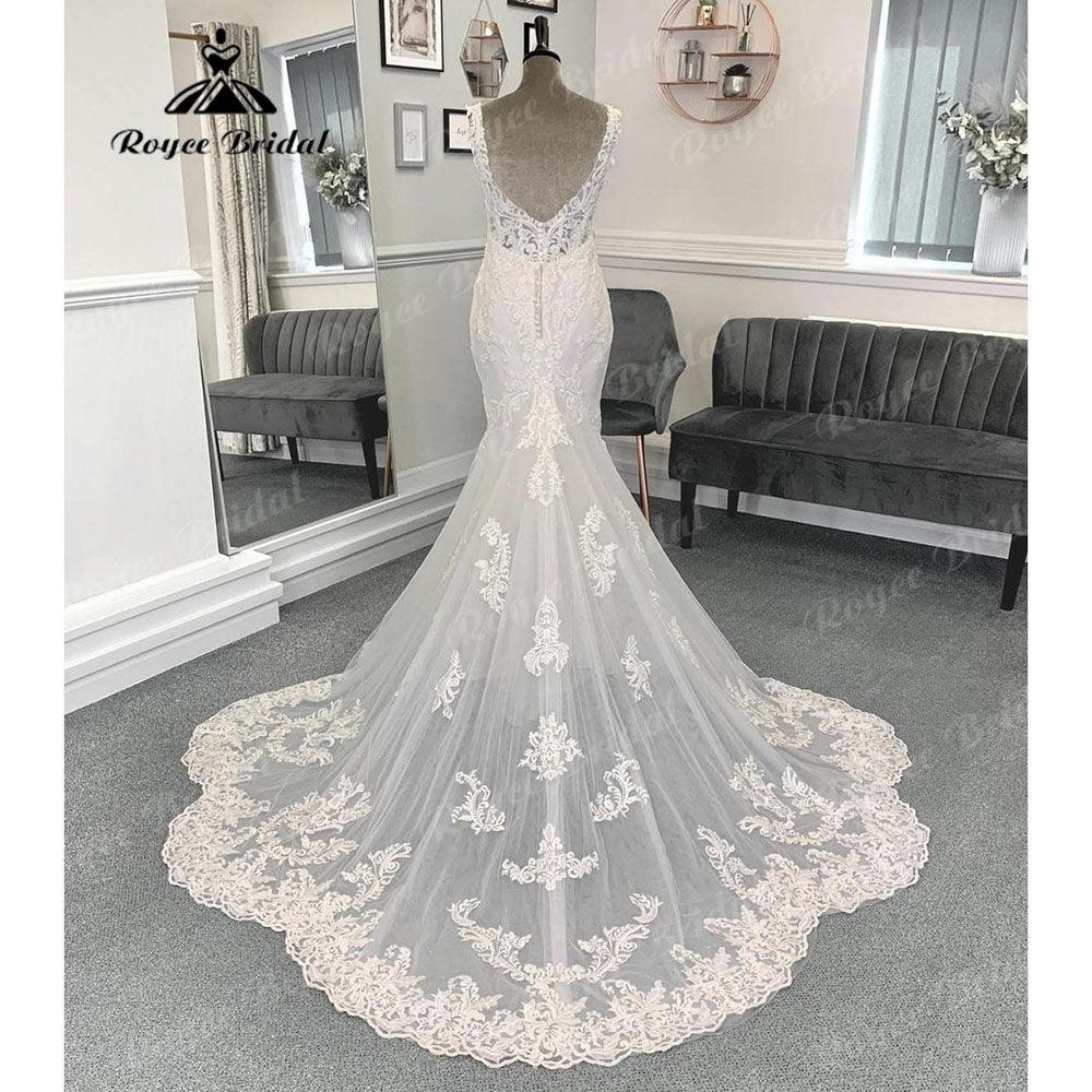 Luxury Lace Mermaid V Neck Wedding Dress Appliques 2024 Women Bridal Gown Custom Made vestido de boda corte sirena NumberSea