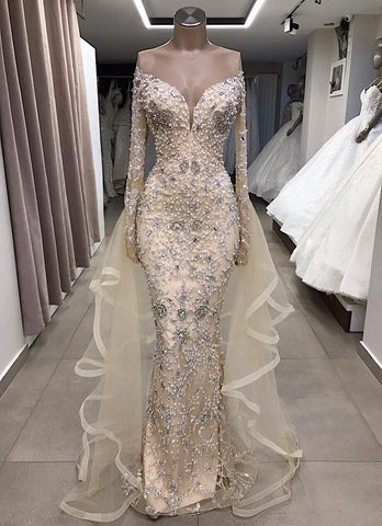Luxury Long Mermaid Off the Shoulder Prom Dress with Sleeves