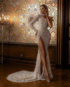 Luxuriöses langes Meerjungfrau-Ballkleid mit einer Schulter und Pailletten und Schlitz