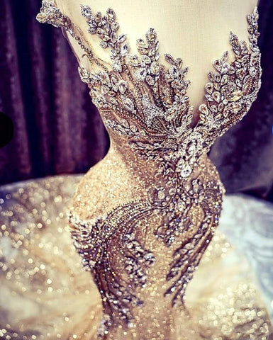 Luxury Long Mermaid V-neck Beadings Tulle Prom Dress