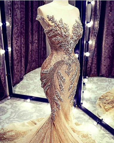 Luxury Long Mermaid V-neck Beadings Tulle Prom Dress