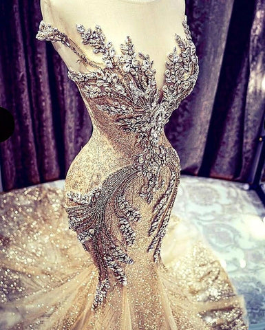 Luxury Long Mermaid V-neck Beadings Tulle Prom Dress