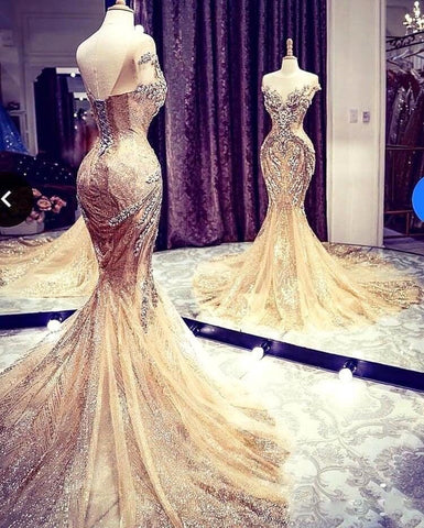 Luxury Long Mermaid V-neck Beadings Tulle Prom Dress