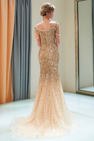 Luxuriöses schulterfreies, bodenlanges Abendkleid mit Pailletten und V-Ausschnitt