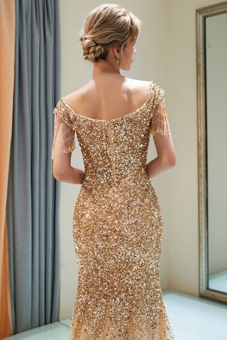 Luxuriöses schulterfreies, bodenlanges Abendkleid mit Pailletten und V-Ausschnitt