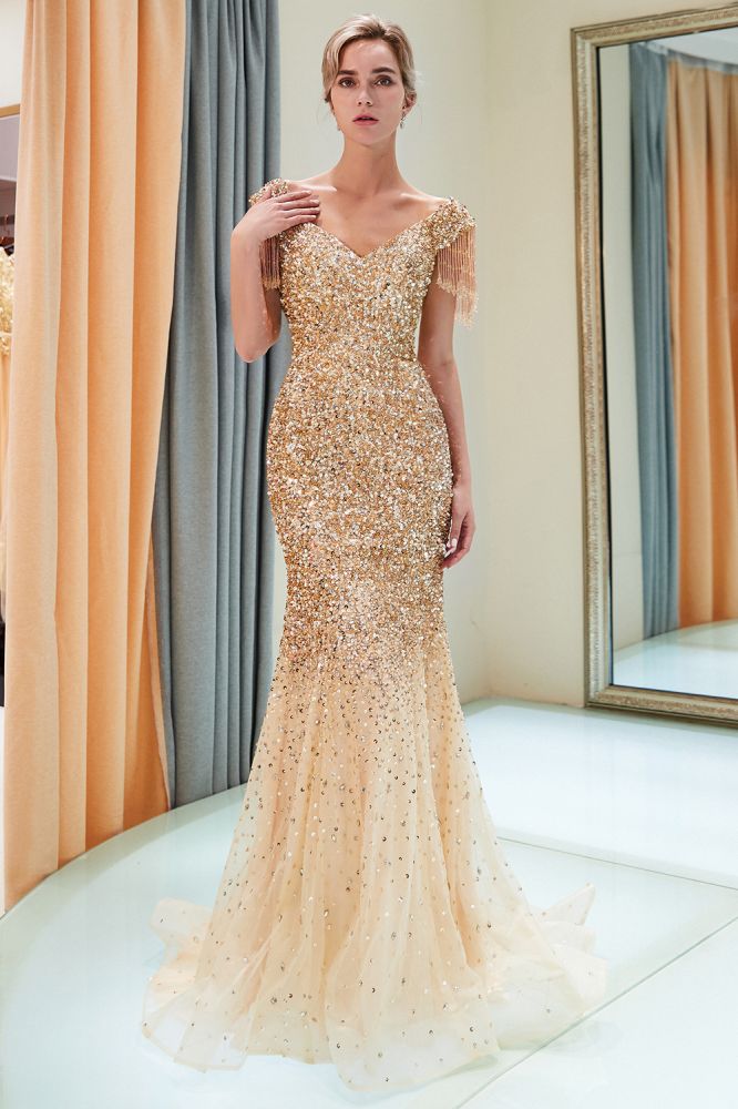 Luxuriöses schulterfreies, bodenlanges Abendkleid mit Pailletten und V-Ausschnitt