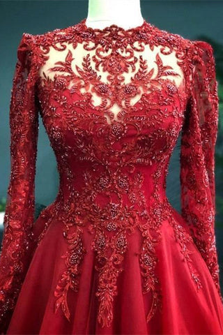Luxuriöses rotes Abendkleid mit Ärmeln, Ballkleid mit Spitze 