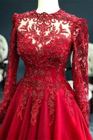Luxuriöses rotes Abendkleid mit Ärmeln, Ballkleid mit Spitze 