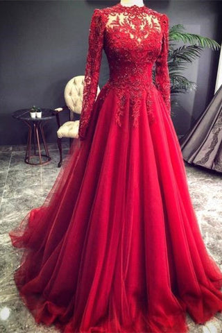 Luxuriöses rotes Abendkleid mit Ärmeln, Ballkleid mit Spitze 