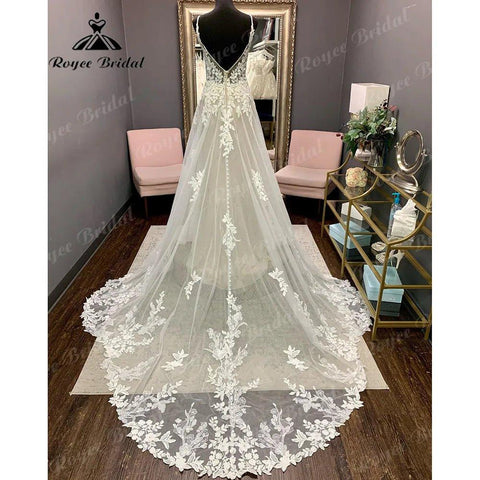 Luxus Robe Spitze Appliques Spaghetti-trägern Hochzeit Kleid Backless 2024 Brautkleid Gericht Zug vestido de novia NumberSea 