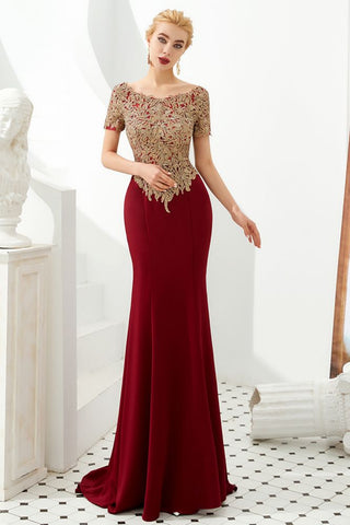 Luxuriöses, kurzärmliges, schlankes Meerjungfrau-Abendkleid mit goldenen Applikationen, bodenlanges Abendkleid