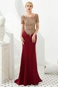 Robe de soirée de fête mermaid ajustée de luxe à manches courtes Appliqués dorés Robe formelle longue