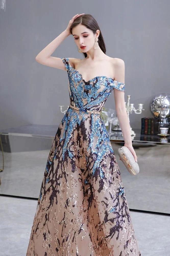 Luxury Sparkly Off-the-Shoulder Sequins Aline Prom Dress Floor Length by misshow.com