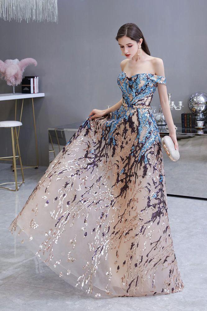 Luxury Sparkly Off-the-Shoulder Sequins Aline Prom Dress Floor Length by misshow.com