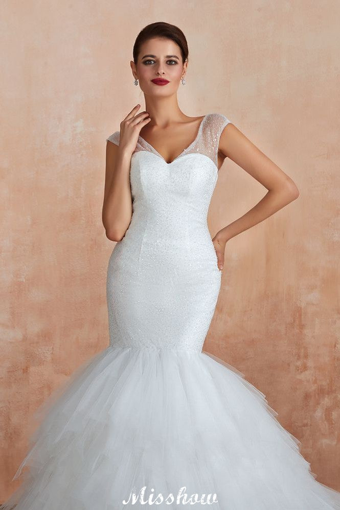 Luxuriöses V-Ausschnitt-Cap-Ärmel-Strandspitzen-Bindeschluss-Weißes Brautkleid mit Pailletten