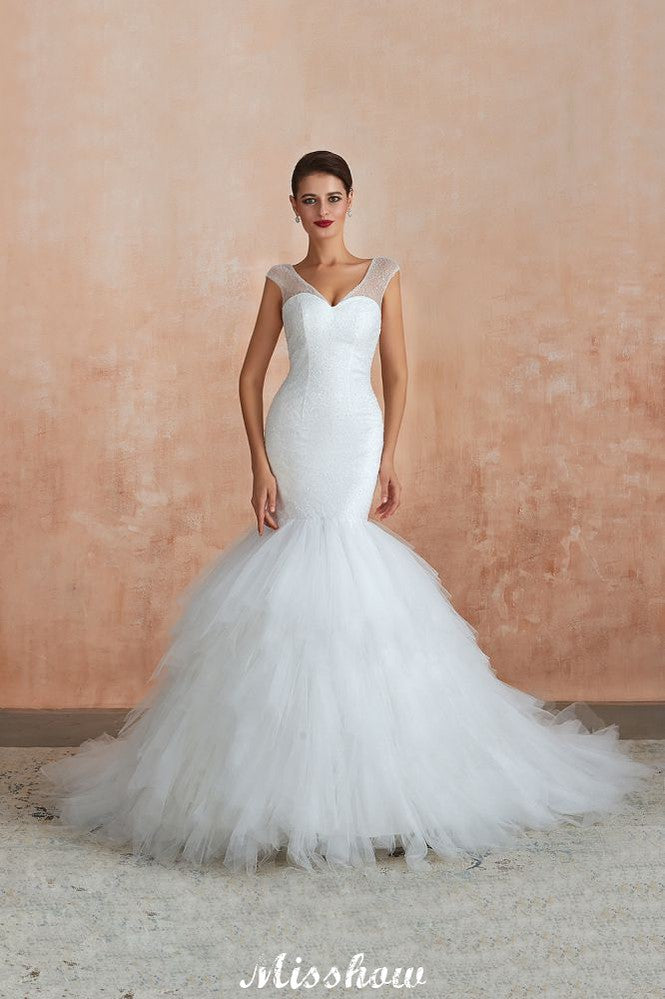 Luxuriöses V-Ausschnitt-Cap-Ärmel-Strandspitzen-Bindeschluss-Weißes Brautkleid mit Pailletten