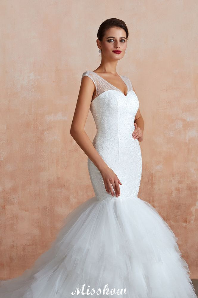 Luxuriöses V-Ausschnitt-Cap-Ärmel-Strandspitzen-Bindeschluss-Weißes Brautkleid mit Pailletten