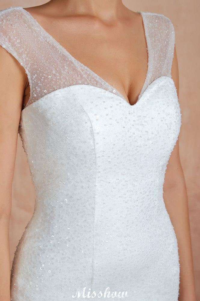 Luxuriöses V-Ausschnitt-Cap-Ärmel-Strandspitzen-Bindeschluss-Weißes Brautkleid mit Pailletten