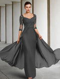 Etuikleid/Säulenkleid für die Mutter der Braut, formelle Hochzeitsgäste, Party, elegant, quadratischer Ausschnitt, bodenlang, Chiffon, Spitze, 3/4-Ärmel mit Pailletten-Applikationen, Rüschen