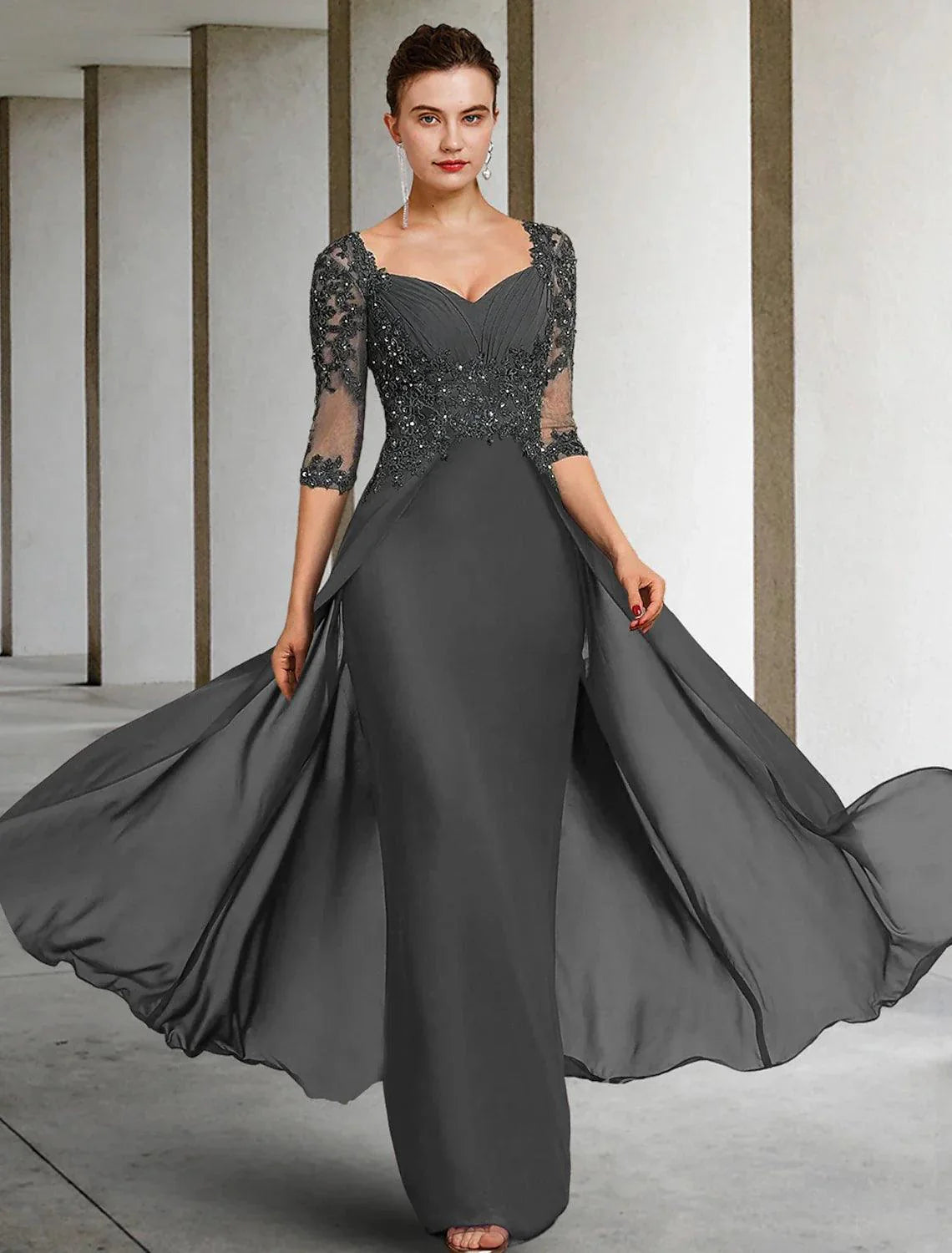 Vestido tubinho/coluna para mãe da noiva, festa formal para convidados de casamento, elegante, decote quadrado, comprimento até ao chão, chiffon, renda, manga 3/4 com aplicações de lantejoulas, franzido