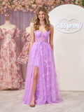 Lydia | Lila A-Linien-Ballkleid mit Schmetterlingsspitze und lila Korsett und Schlitz